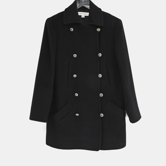 Vtg‎ ANNE KLEIN Womens Wool Pea Coat Size XS Black Mid Double Breasted USA 90s - Picture 1 of 13